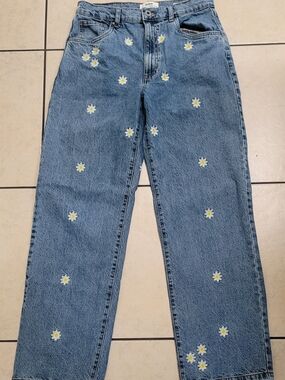 Cotton On Light Blue Daisy Embroidered Straight Leg Jeans